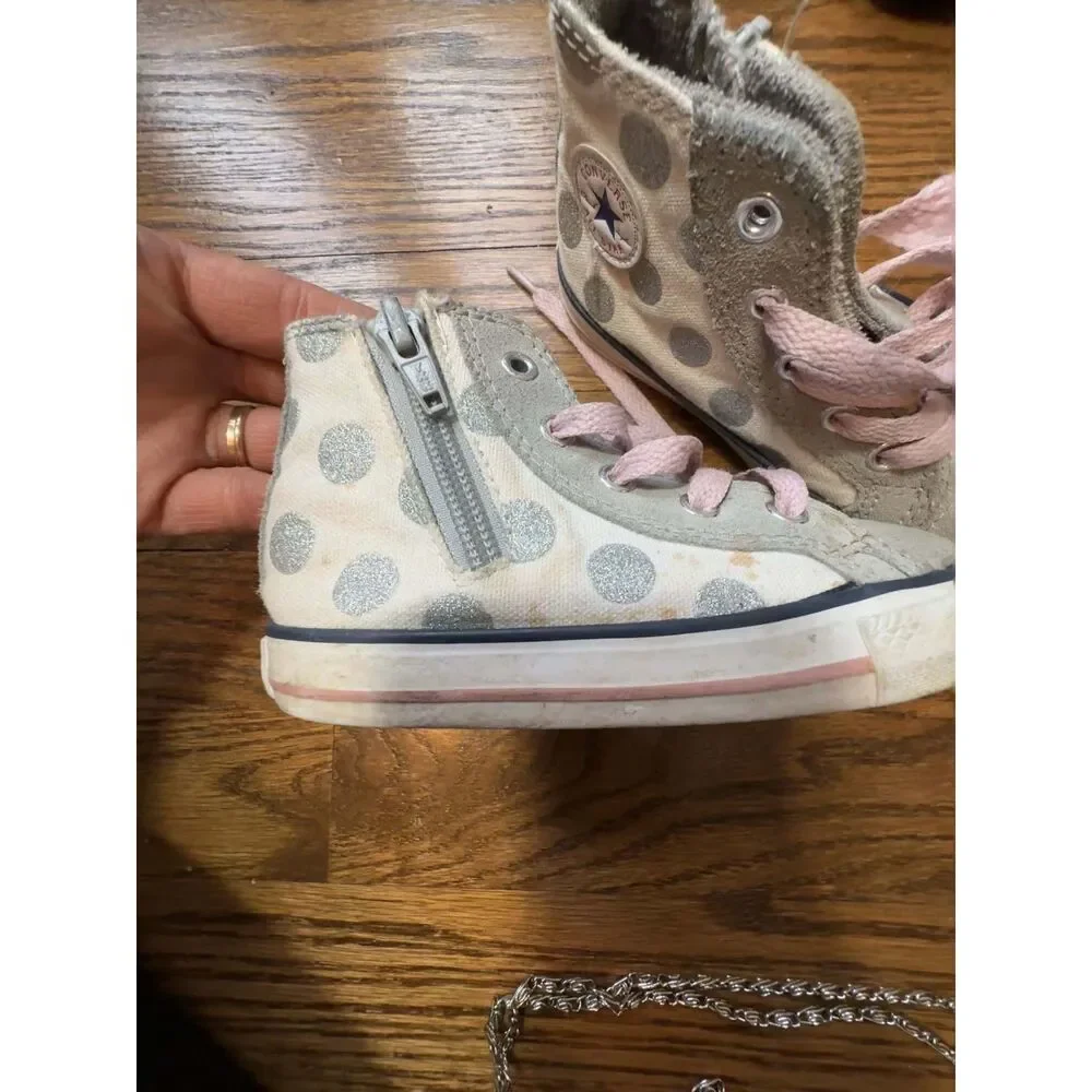 Converse Toddler Sneakers High Tops Girls Pink Polka Dot Gray Size 8 Lot (3)